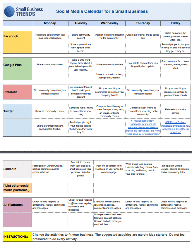 Small Business Trends social media content calendar