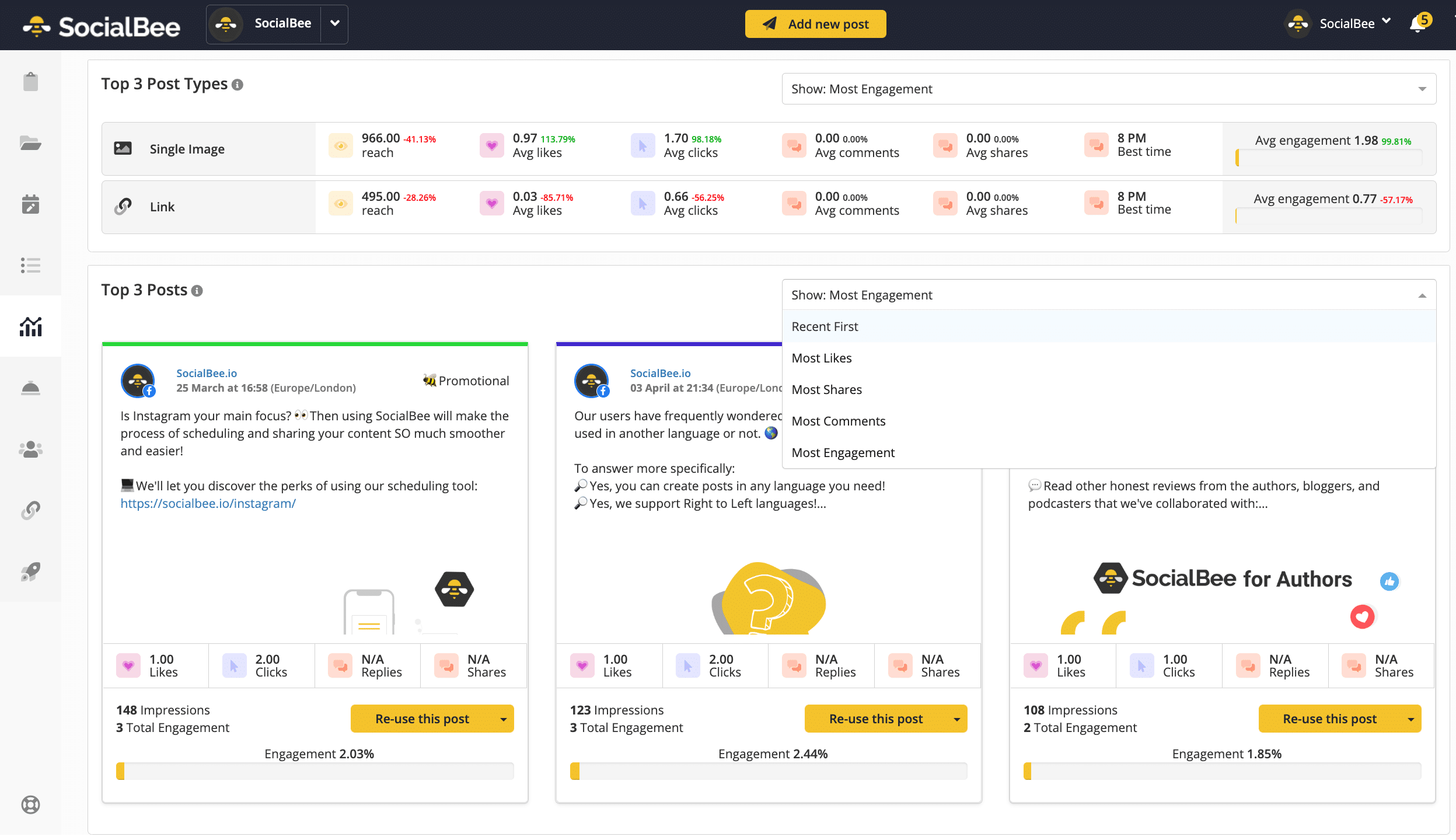 SocialBee Analytics - top 3 sm post types