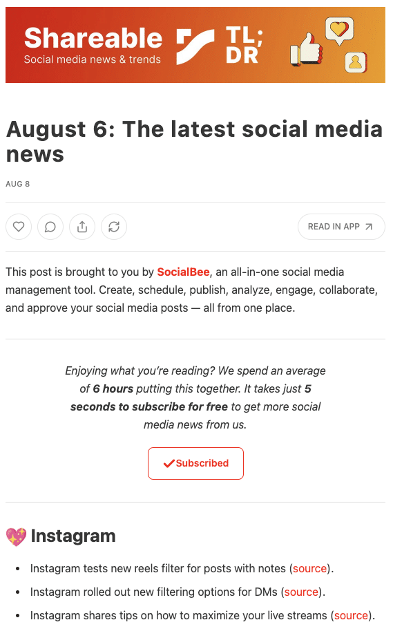 Shareable social media newsletter