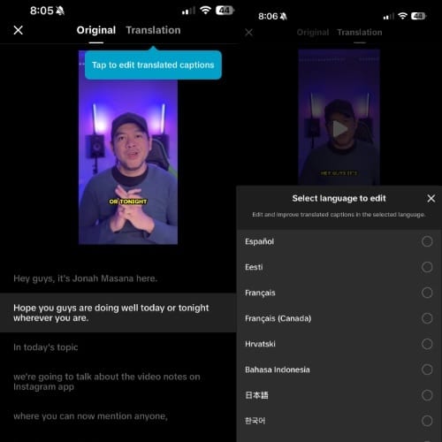 TikTok caption editing in different languages