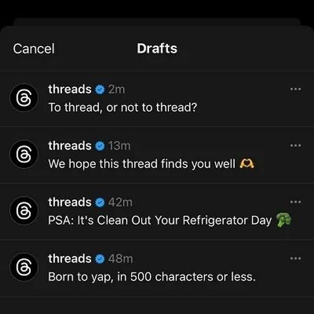 Threads feature that allows users to save up to 100 mobile drafts